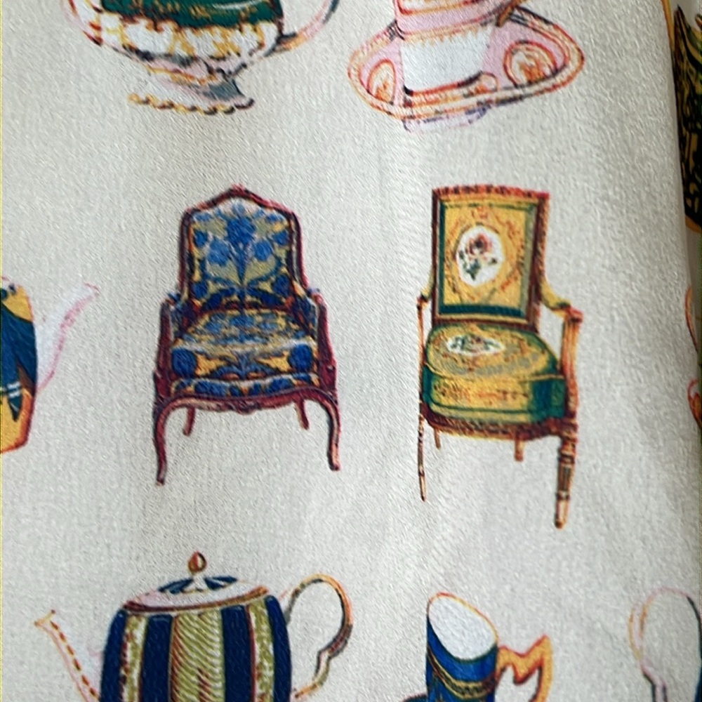 Talbots Bridgerton Print Blouse Size L Long Sleeves Teapots Cups - Picture 6 of 15